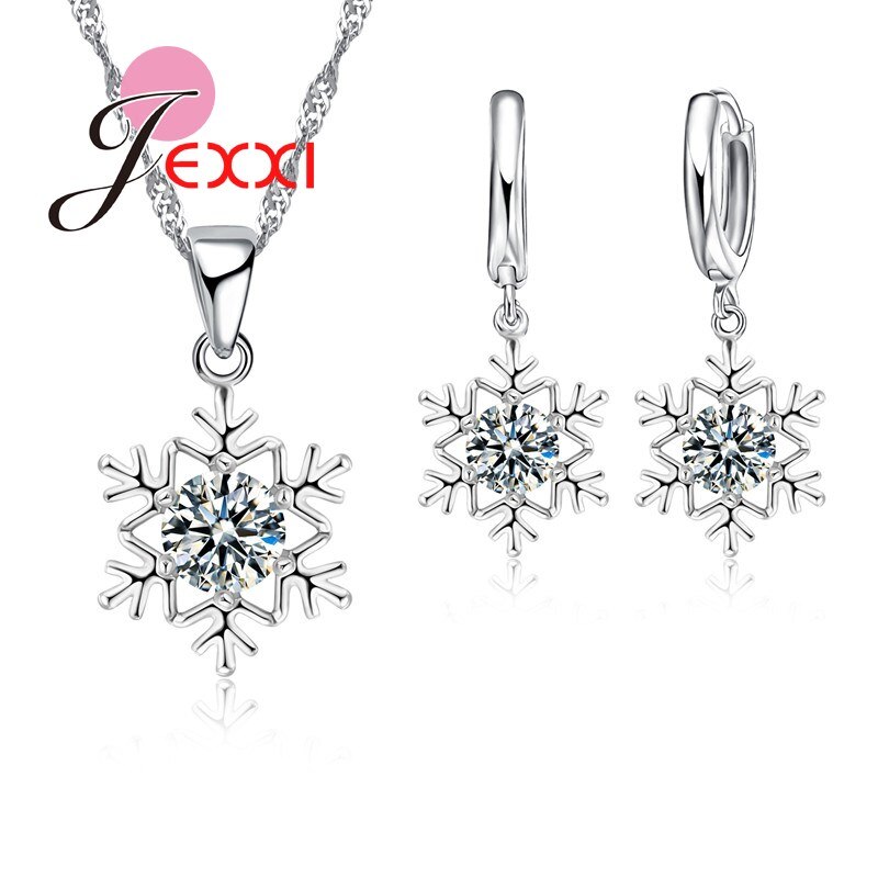 Exquisite Sneeuwvlok 925 Sterling Zilveren Sieraden Sets Met Ketting + Hanger + Ketting + Oorbellen Set