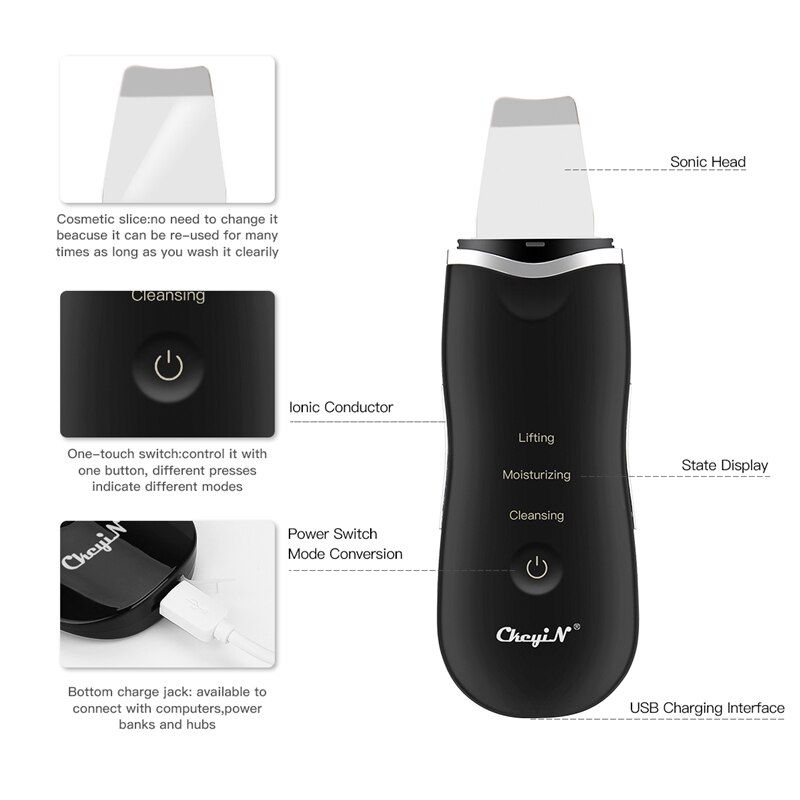 Usb opladning ultralyd hud peeling maskine hudorme fjernelse ansigtsbehandling sonic scrubber massager død hud remover porerens 35