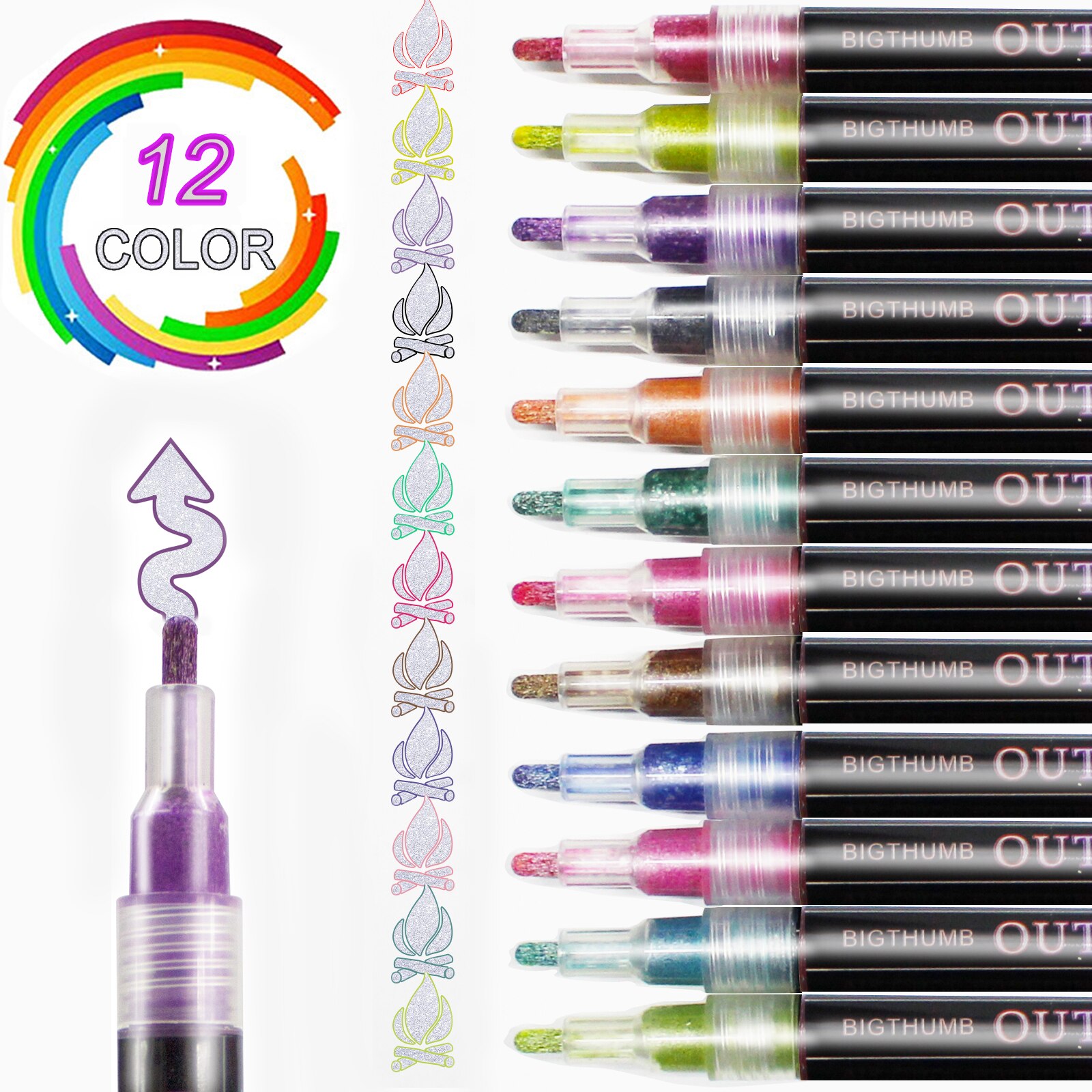 Rotuladores de doble línea, rotulador marcador de contorno de doble línea, Color metálico, 24 Uds.: 12 colors