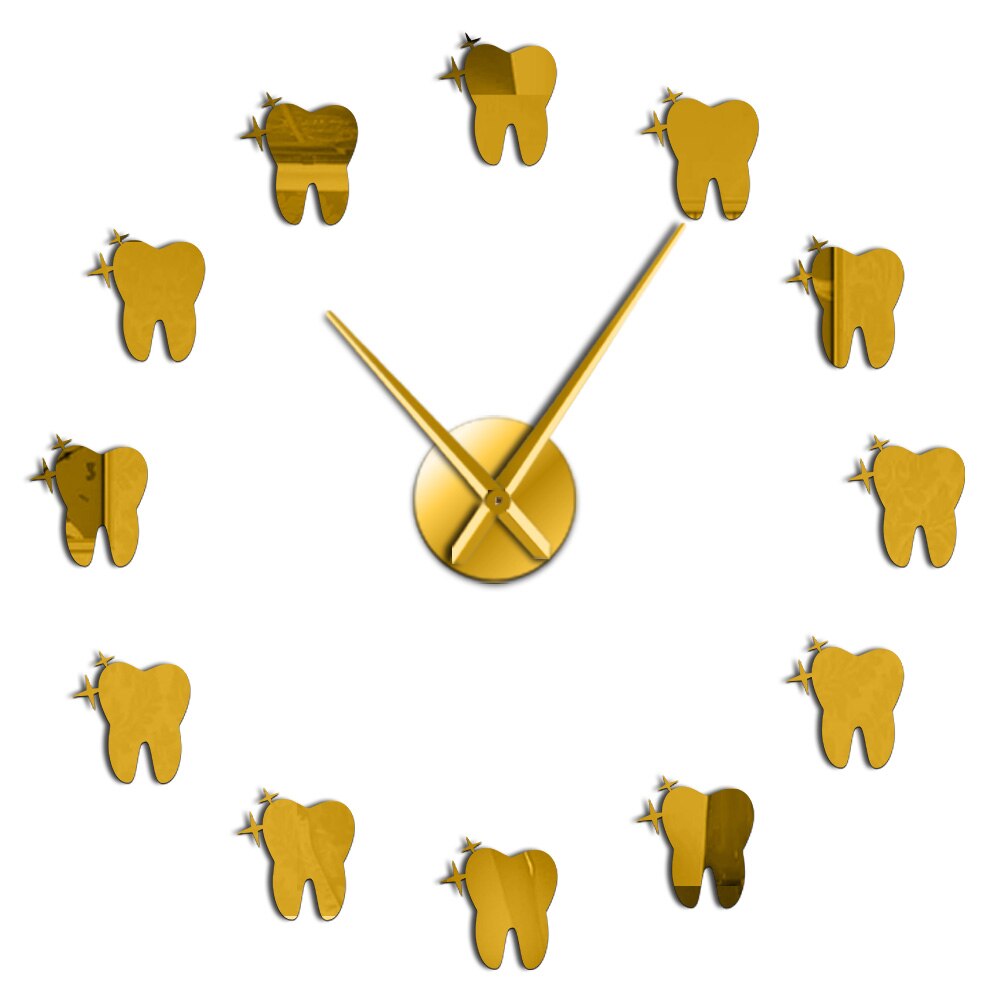 Tooth Mirror 3D DIY Wall Clock Watch Teeth Male Or Female Or Hygienist Sign Dental Office Wall Decorative: Gold / 12  inch