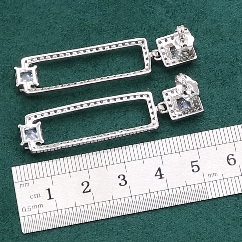 Conjunto de joias luxuosas de prata 925 com zircônia branca, bracelete para mulheres, brincos longos, colar, pingente de anel