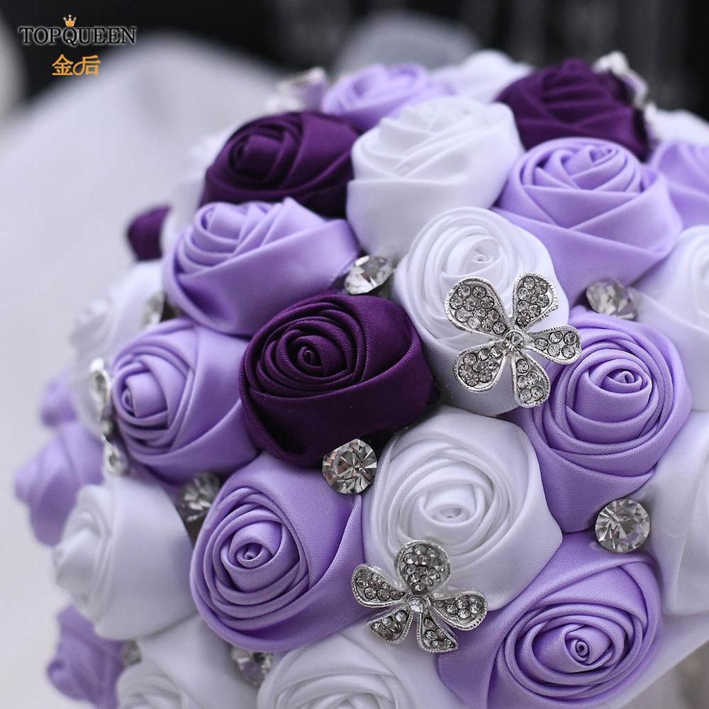TOPQUEEN Artificial Flower Rose buque casamento Bridal Bouquet for Wedding Lavender White Gorgeous Crystal Wedding Bouquet F7