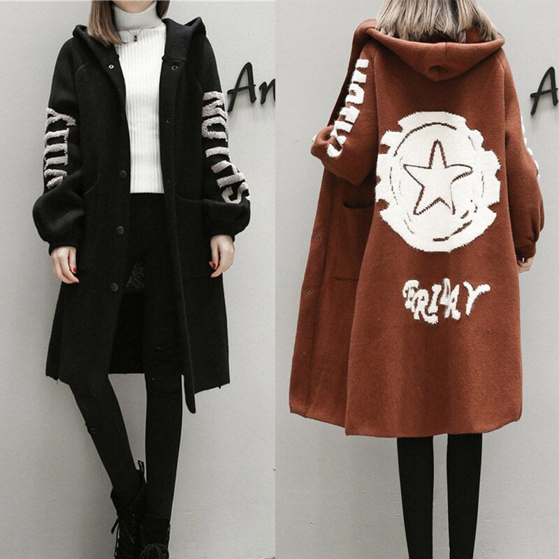 Plus size yllekofta för kvinnor lång lös stickad trenchcoat casual huva casaco feminino tröja kappor  f1449
