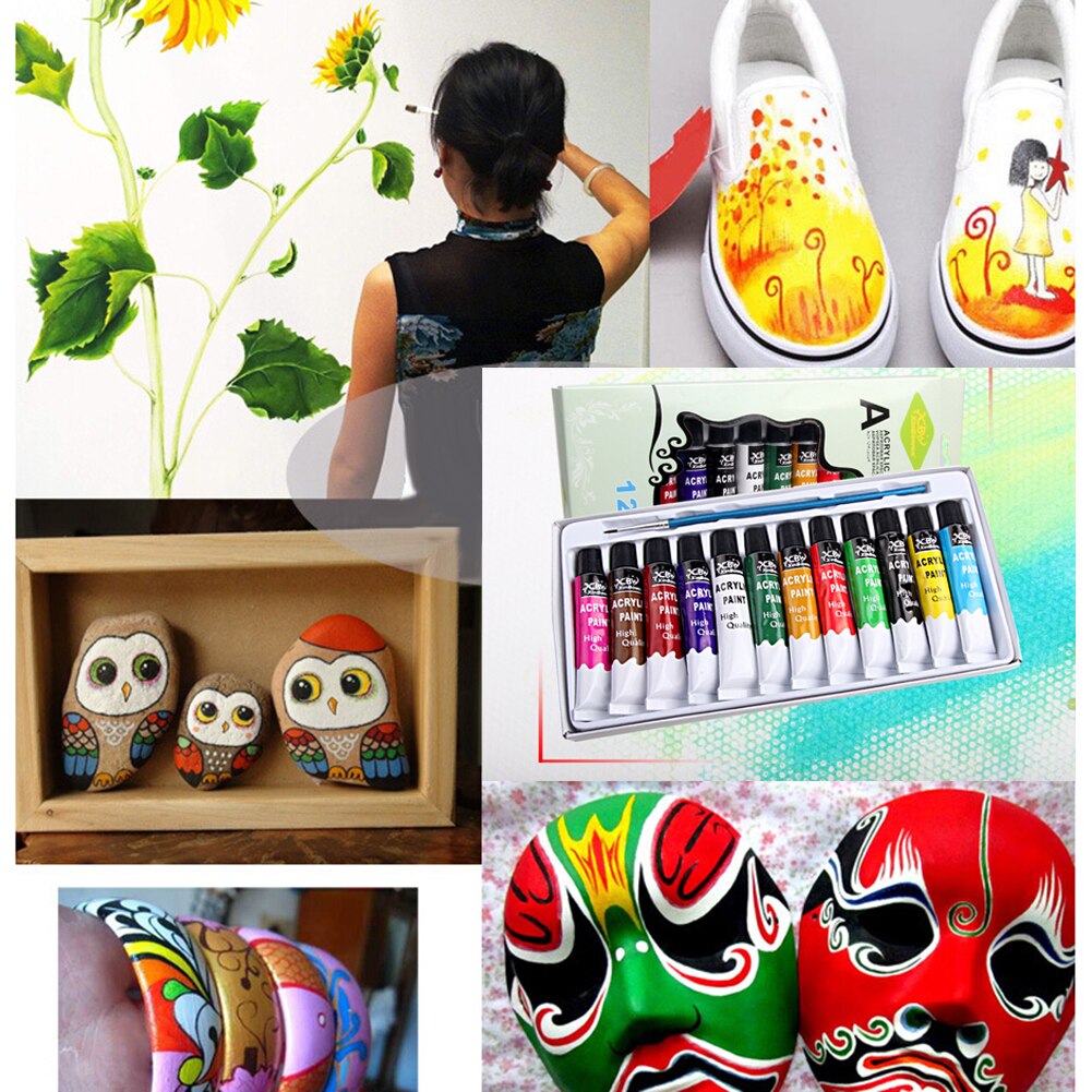 12Pcs 12ml Draw Painting Pigment Set Tubes Paintbrush DIY Wall Art Drawing Tool