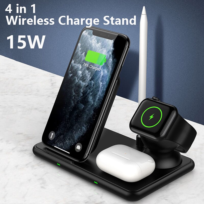 4 In 1 15W Qi Snelle Draadloze Oplader Dock Station Voor Iphone 12 11 Pro Xr Xs X Apple iwatch Airpods Pen Opladen Stand