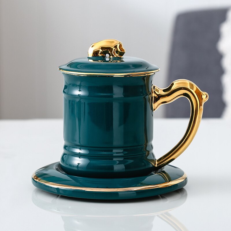 ceramic cup office boss cup coffee cup breakfast water cup large capacity Tea Mug with cover: Peacock Green Cup