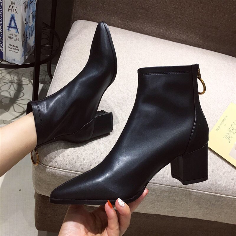 Winter luxe dames 5cm blok hoge hakken enkellaarsjes wit beige hakken leren korte laarzen western chelsea boots schoenen