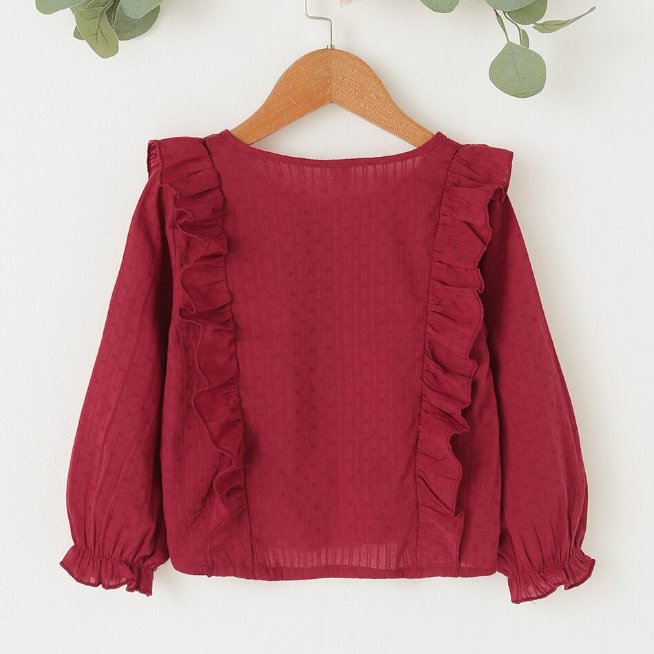 Camisa da menina da criança 2021 primavera moda bebê vermelho meninas blusas bonito manga longa plissado tops crianças roupas