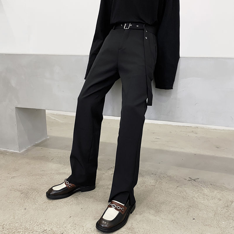 Pantalones de traje coreanos de otoño para hombre, pantalones informales de negocios de Color sólido a la ajustados, pantalones de vestir rectos para hombre con cinturón de calle
