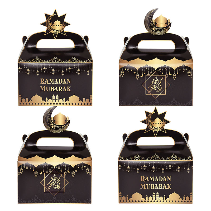 Sac à bonbons Eid Mubarak 4 pièces, boîte avec poignée, boîtes d&#39;emballage en papier pour Eid al-fitr, fournitures pour fête musulmane islamique: B02-black