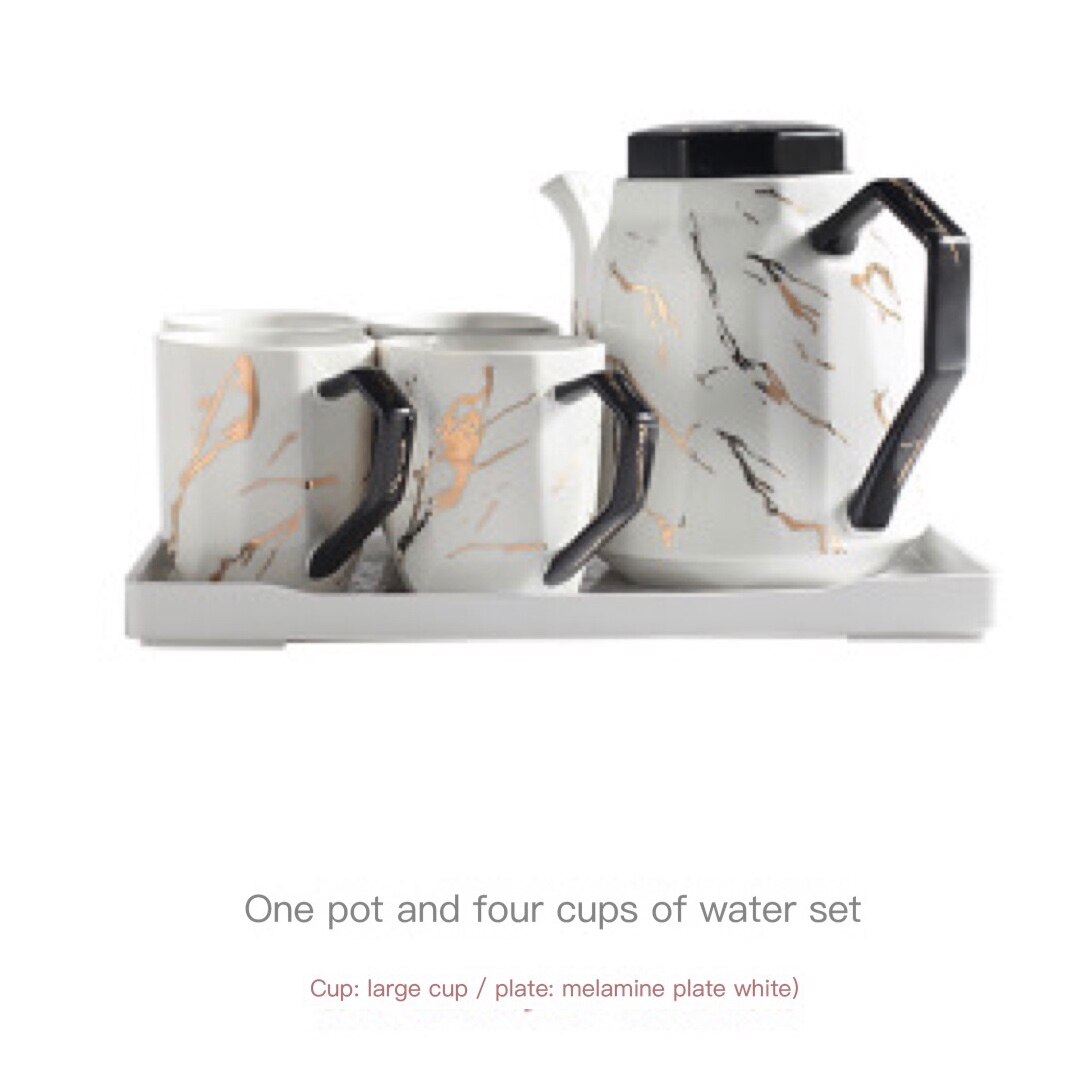 European Style Simple Black and White Marble Gold Ceramic Coffee Tea Set Hotel Household with Tray Teapot Cup Set Water Set