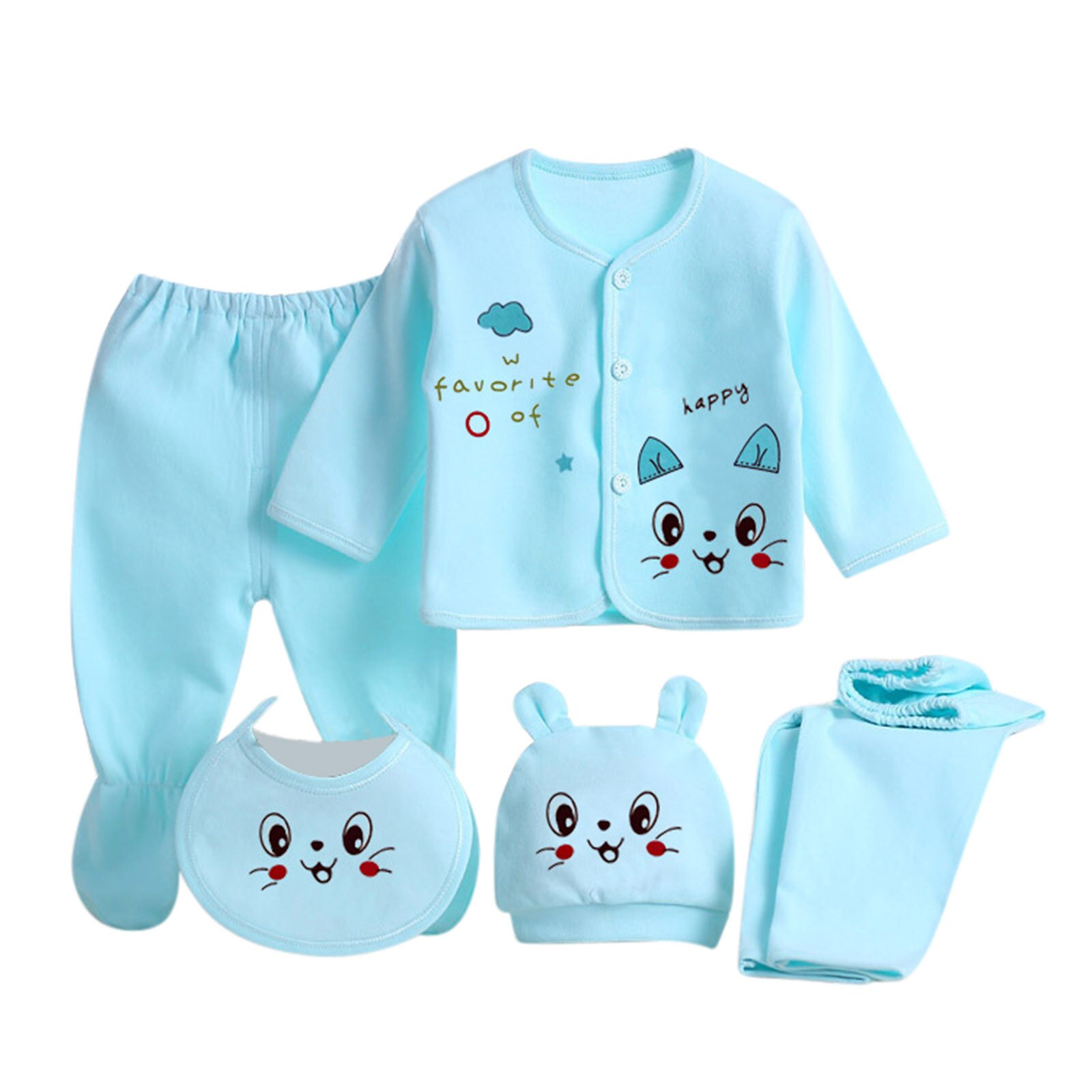 Pasgeboren Kleding 5 Stuks Nachtkleding Set Baby Jongens Meisjes Cartoon Lange Mouwen Tops + Hoed + Broek + Bib Outfits set: Blue