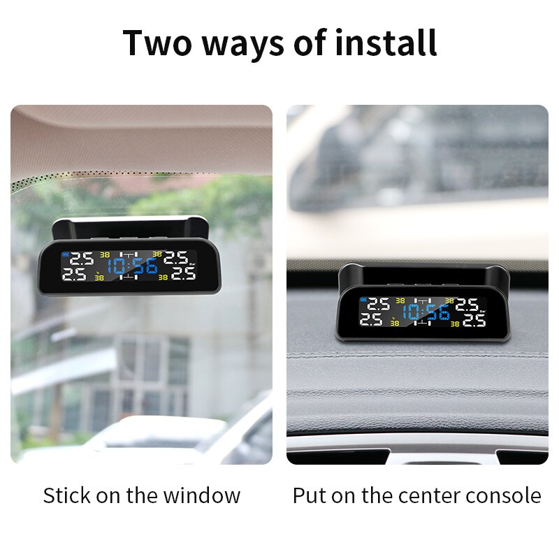 Wireless TPMS Time Display Car Alarm Tire Pressure Monitoring System Rotation Warning Solar Power Charge Inside/External sensors