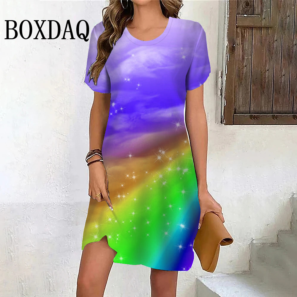 Rainbow Gradient 3D Print Women's Dress Summer Casual Sweet Short Sleeve Dress Streetwear Round Neck Mini Ladies Dresses: S / Blue