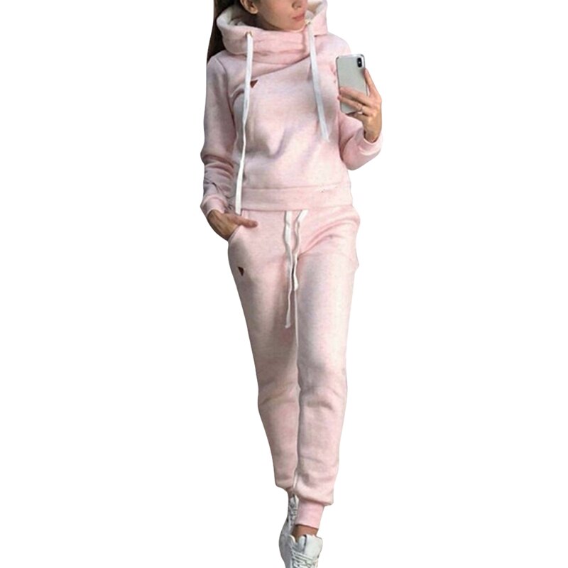 2 Piece Winter Tracksuit Warm Sportwear Sets Women Autumn Hooded Sweatshirt Sets Sport Hoodies + Casual Jogging: Pink / L