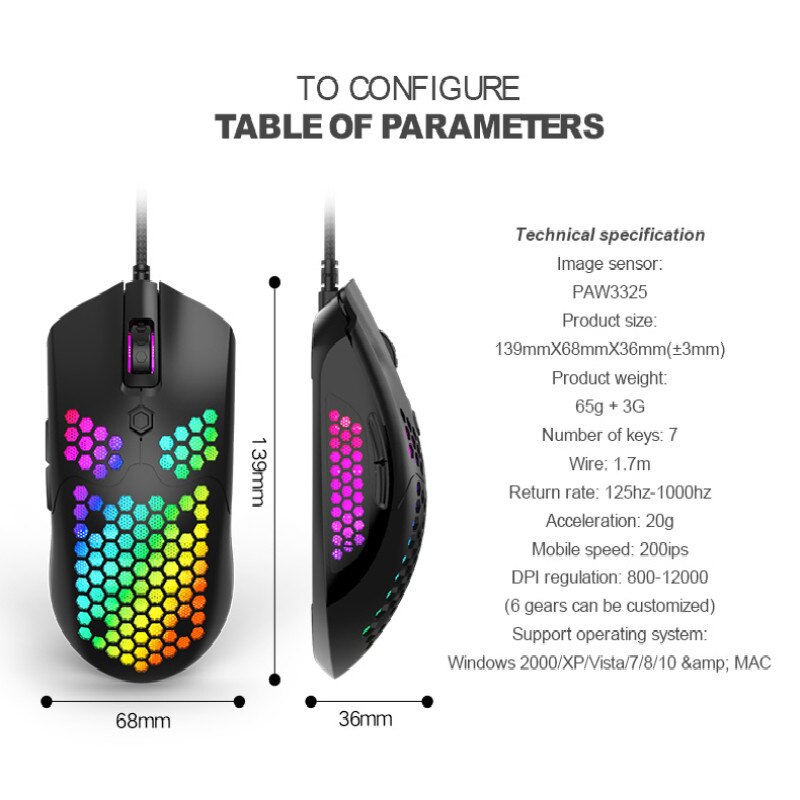 Wired Gaming Mouse 12000 Dpi 7 Button Honingraat Shell Rgb Lamp Backlit Muis Hoge Prestaties Optische Sensor Muis Voor Laptop pc