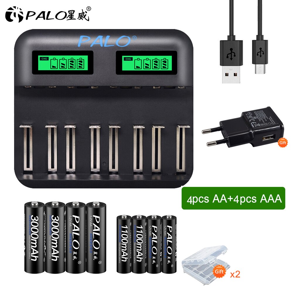 8Pcs 1.2v AA Battery Rechargeable+1.2V Nimh AAA Rechargeable Battery+Lcd Display Usb Smart Battery Charger For 1.2V Nimh AA AAA: charger and 4AAA AA