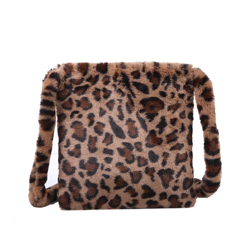 Leopard print crossbody bag kvinner plysj myk casual skulder messenger bag fluffy kvinnelig veske: Brun