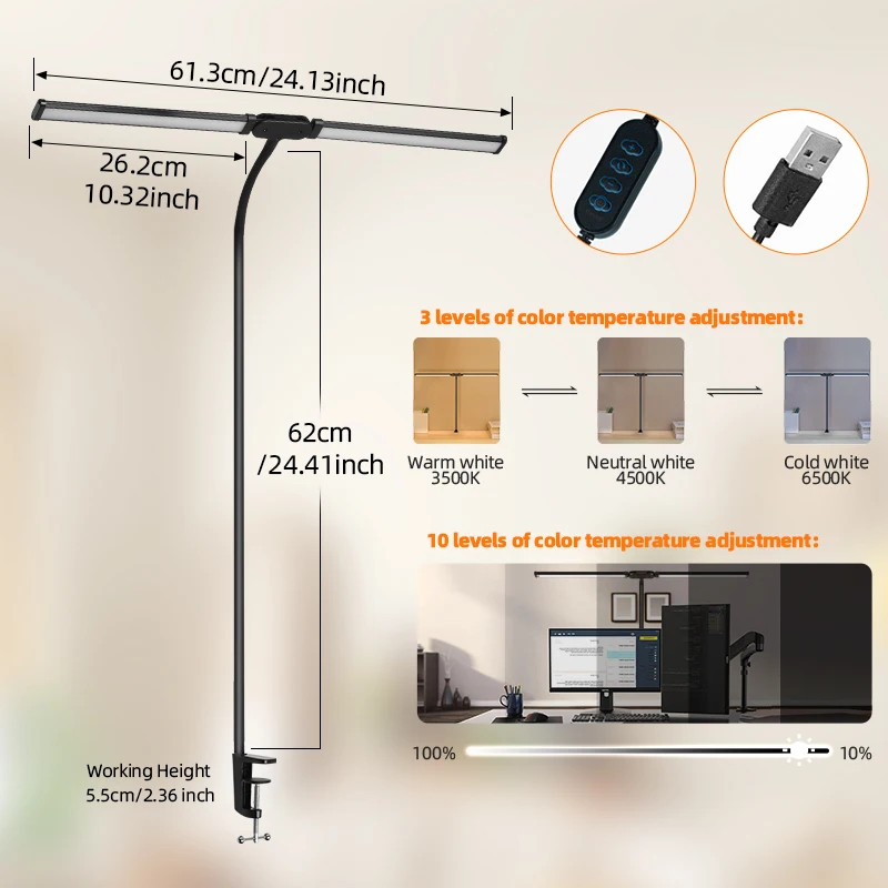 Lampada da tavolo a Clip supporto per luce Monitor a Led USB 3 modalità colore e 10 luci di lettura dimmerabili per studio lampada da scrivania a doppia testa per ufficio: Beige