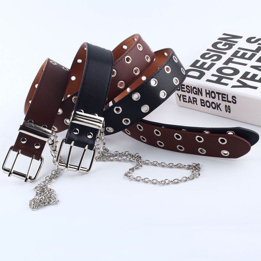 Femmes Punk chaîne ceinture réglable Double/simple rangée trou oeillet ceinture avec oeillet chaîne ceinture décorative