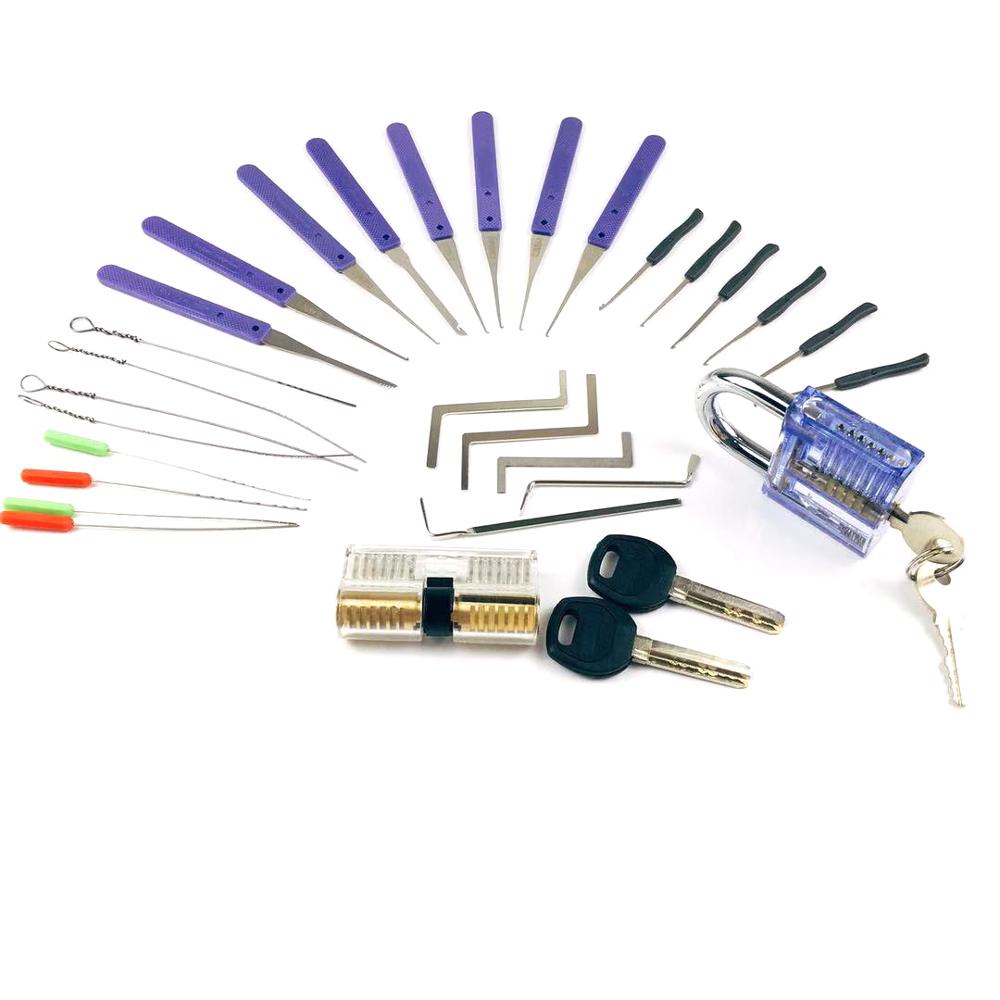 ! 2PCS Transparent Lock with 14pcs Broken Key Extractor Pick Set,2pcs Tension Wrench Tool Locksmith Kit