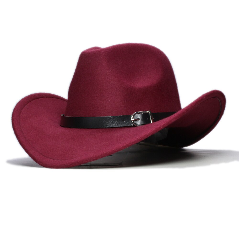 LUCKYLIANJI-Sombrero de banda de cuero occidental para niños, sombrero de ala ancha estilo Country, fieltro de lana, Jazz, Chapeu, vaquero: Wine