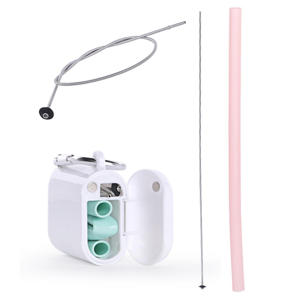 3pcs/set Reusable Silicone Straw Portable Drinking Straws Silicone Straight Tube Straw with Cleaning Brush Storage Box: Pink