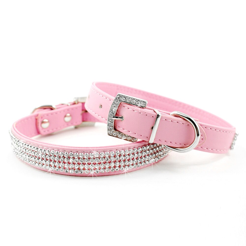 Bling hundehalsbånd rhinestone læder kæledyr hund kat hvalpe halsbånd diamant halskæde til små mellemstore hunde katte chihuahua: Lyserød / L