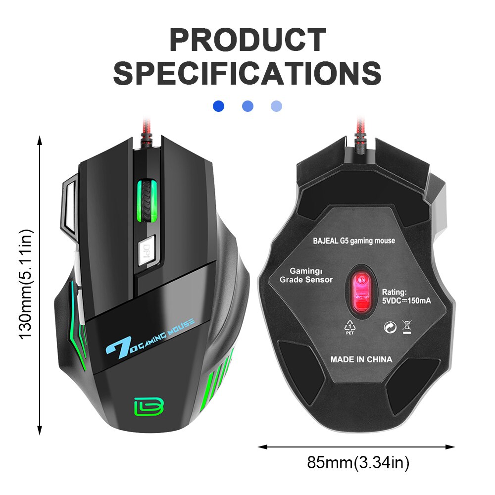 BAJEAL G5 Wired Mouse 7D RGB Luminous Gaming Mouse 7 Buttons 3200 DPI USB Mechanical Mice for Windows 2000 XP Win 7 8 10