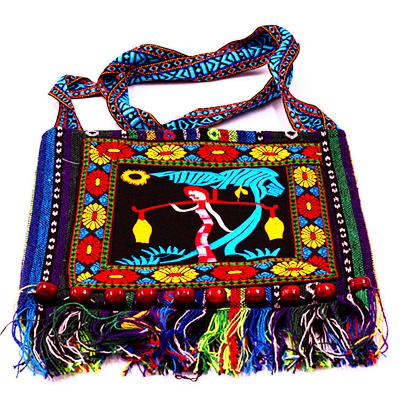 Hmong Vintage Chinese National Style Ethnic Shoulder Bag Embroidery Boho Hippie Tassel Tote Messenger