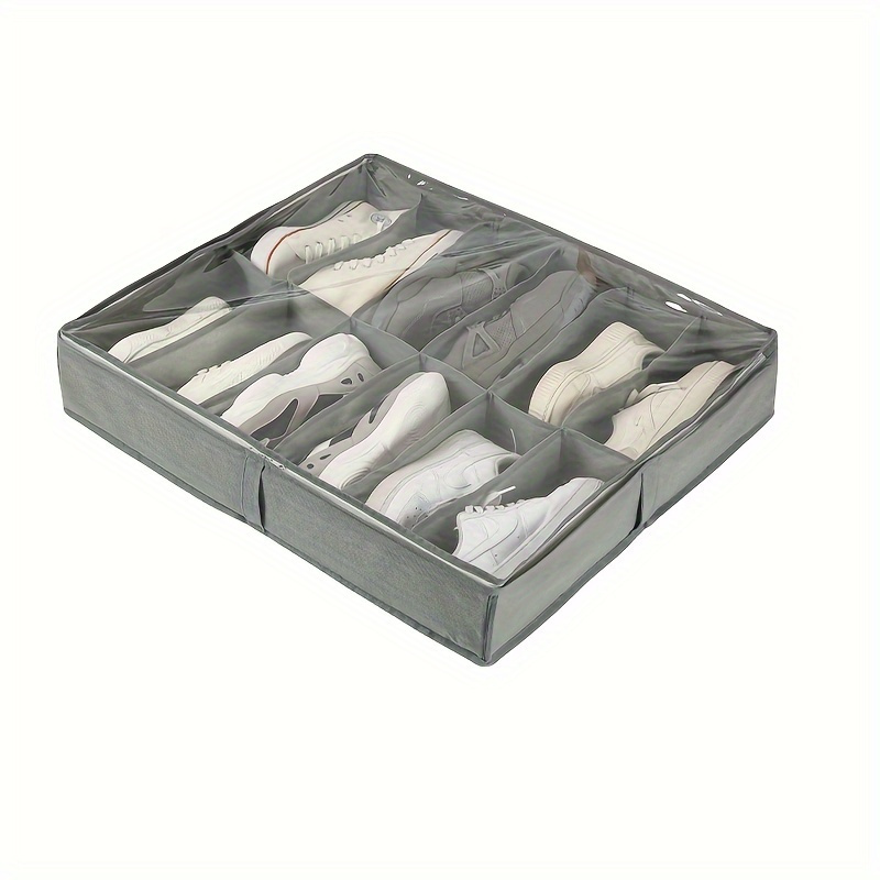 12 compartment shoe storage box, foldable and transparent lid, organizer for storing shoes under the bed: grey