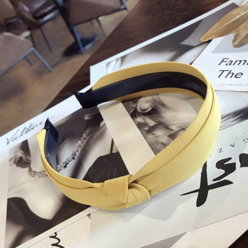 Effen Kleur Knoop Hoofdbanden Voor Vrouwen Eenvoudige Stof Meisjes Haarband Vrouwen Haaraccessoires Brede Zijde Haarband: YELLOW