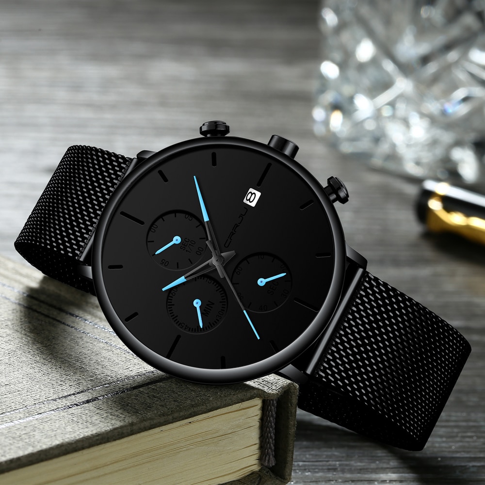 Crrju ur herre vandtæt slim mesh rem minimalistiske armbåndsure til mænd quartz sportsur ur relogio masculino