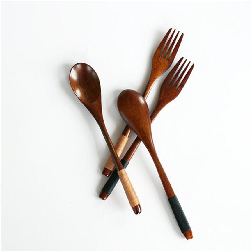 Colher de madeira de bambu cozinha utensílios de cozinha ferramenta sopa colher de chá catering colher de madeira + garfo de madeira