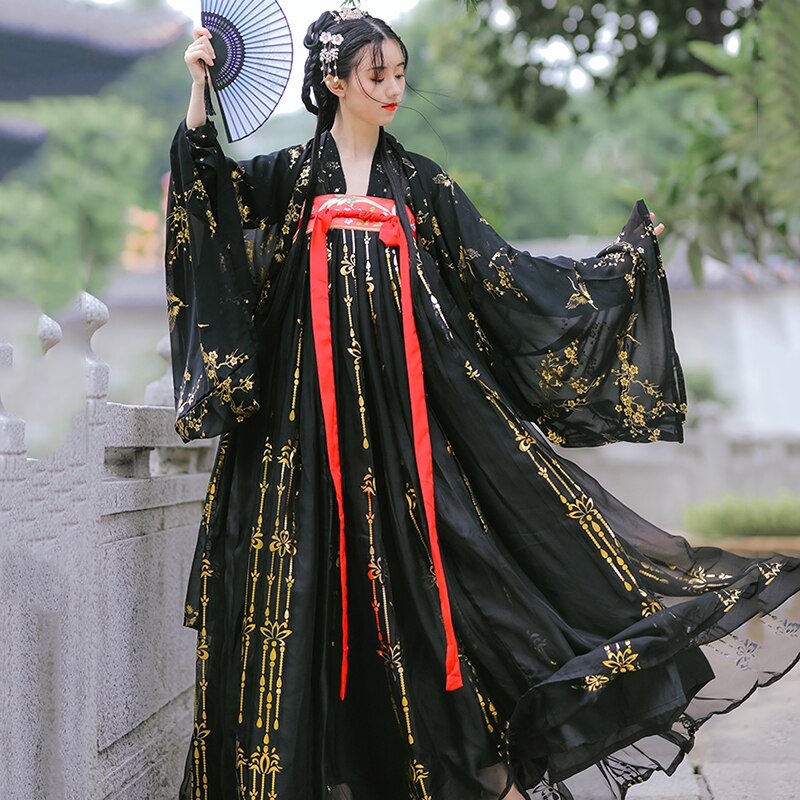 Mujeres negro Hanfu tradicional chino ropa Festival traje bordado estilo antiguo popular puesta en escena trajes de baile DN5500