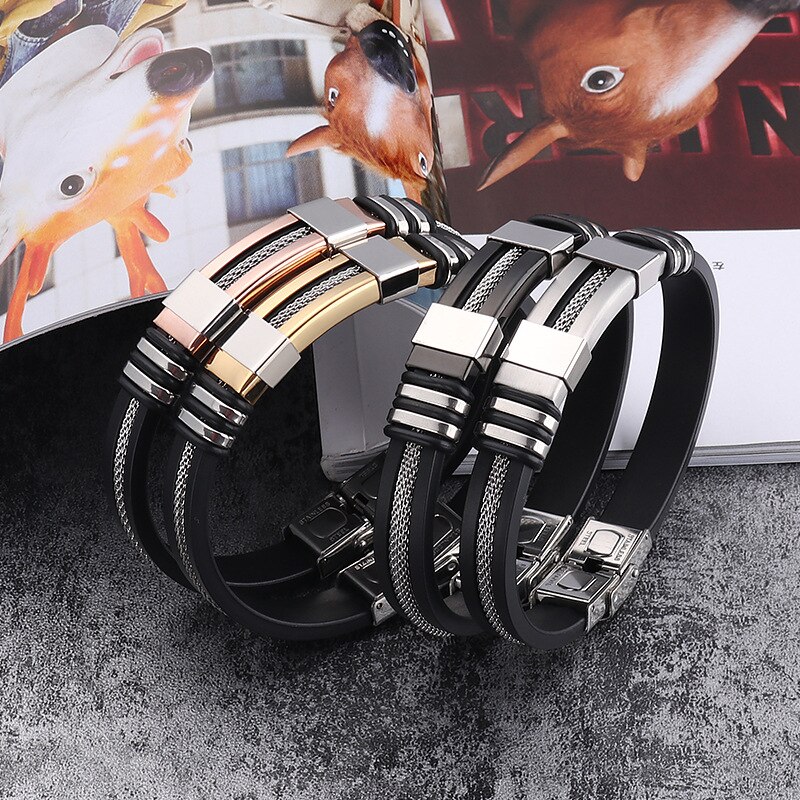 Stainless Steel Silicone Bracelet Men's Charm Metal Folding Buckle Bracelet Trend Jewelry