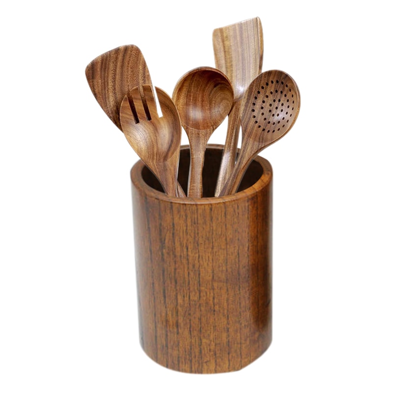 Kjøkkenutstyr av tre til kjøkken, med oppbevaringsbøtte, for matlagingsverktøy for nonstick kokekar, naturlig teak tre ,6 stk