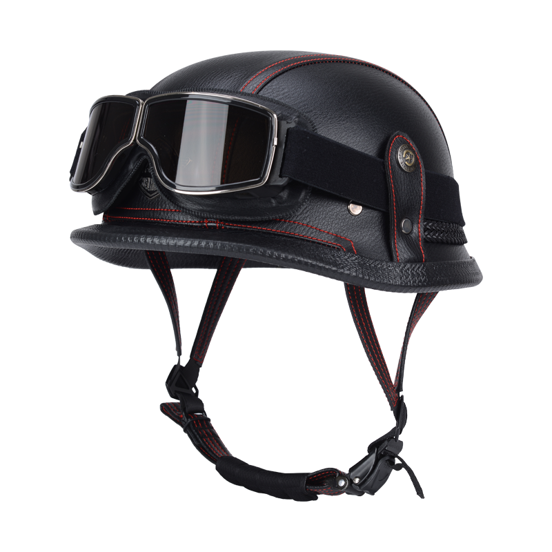 De oorlog II Duitse M35 halfshell handgemaakte lederen helm voor heren dames met Halley Goggle Skull Cap voor Cruiser Scooter Chopper: Black / M