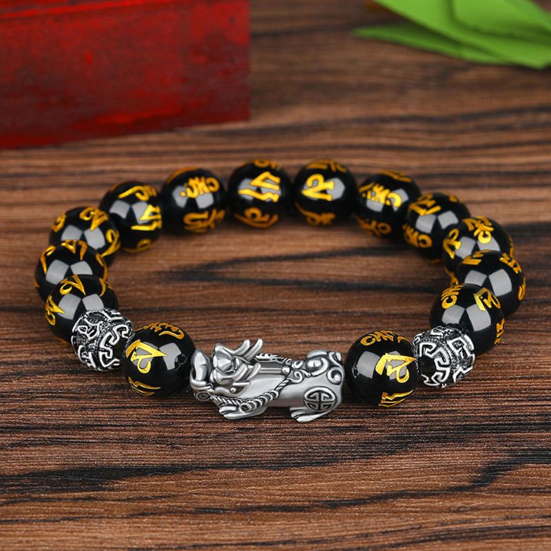 Mannen Zwart Obsidiaan Steen Boeddhisme Zes Woorden Legendarische Bixie Bead Armband Trekken Lucky Wealth Amulet Sieraden