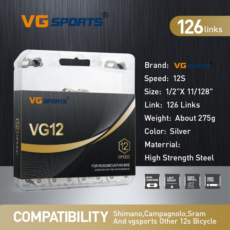 Vg Sport 12 Speed Mtb Racefiets Ketting Zilver 12 S 12 Speed Ketting 116L/126L Systeem Connector Links voor Fiets Onderdelen: 12 Speed  126link