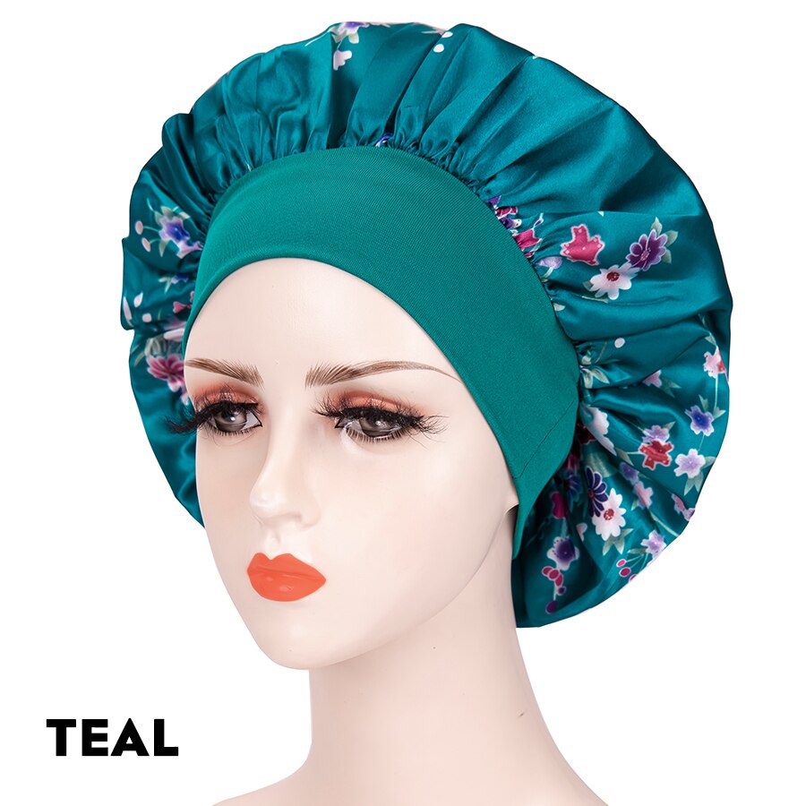 Red Flowers 1 Piece Sleep Cap Satin Bonnet Night Head Cover With Wide Band For Sleeping Soft Hair Silk Bonnet For Women Girls: TEAL