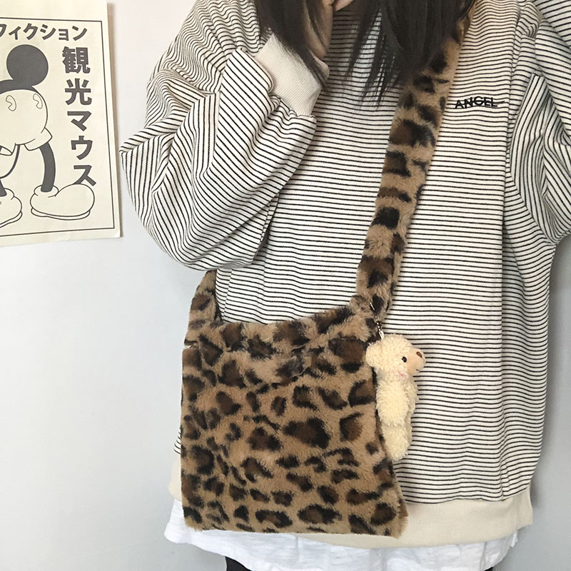 Håndtaske kvinders overdådige skuldertasker blød pels hobo leopard print håndtaske kvinder kapacitet pung lady sac
