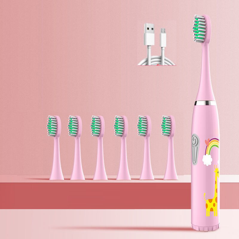 Children Electric Toothbrush Heads Smart Electric Teeth Brush Battery models/Rechargeable Replacement Brush Heads Kids: pink 7 heads A