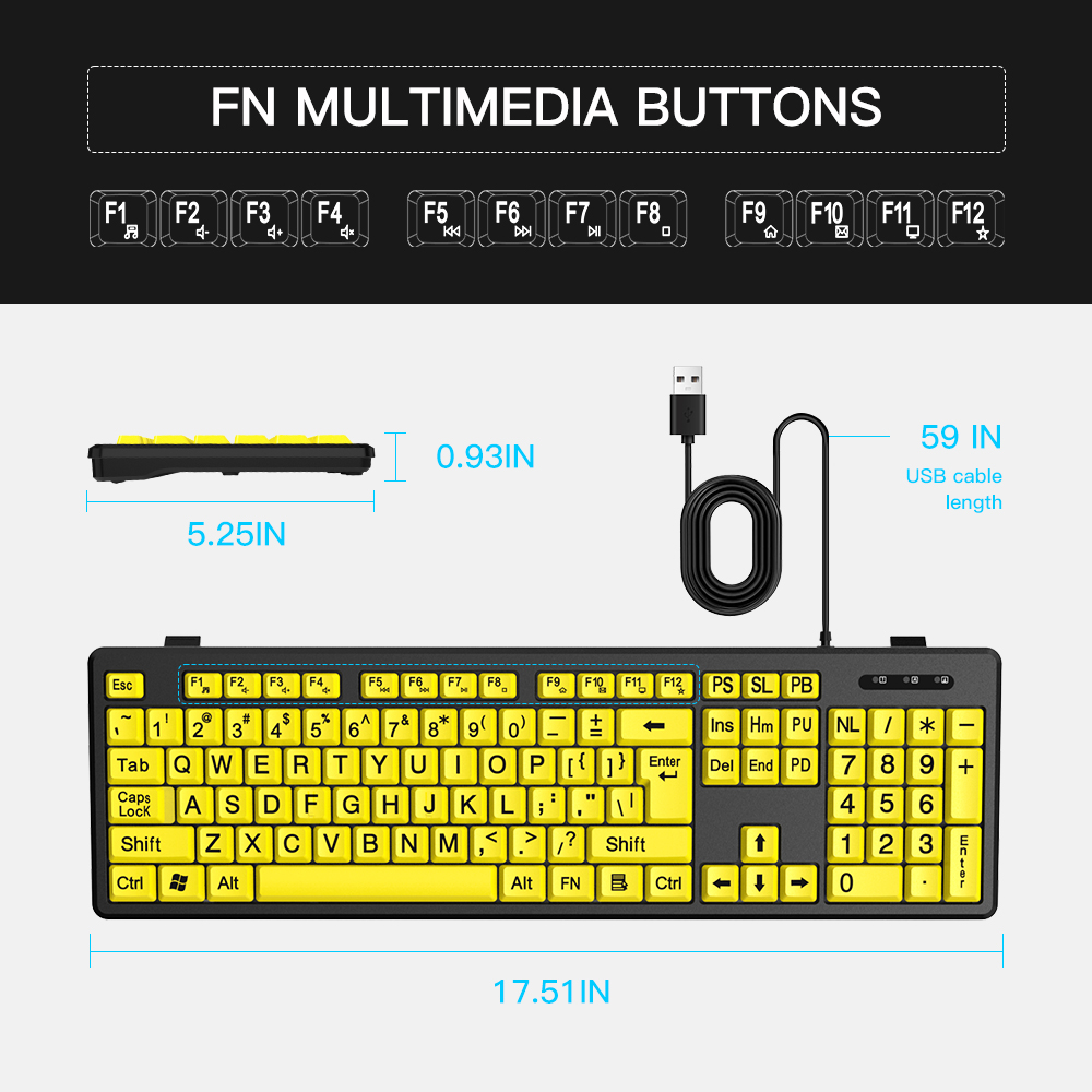 Black Large Print Yellow Buttons Keyboard USB Wired Keyboard for Seniors and Low Vision