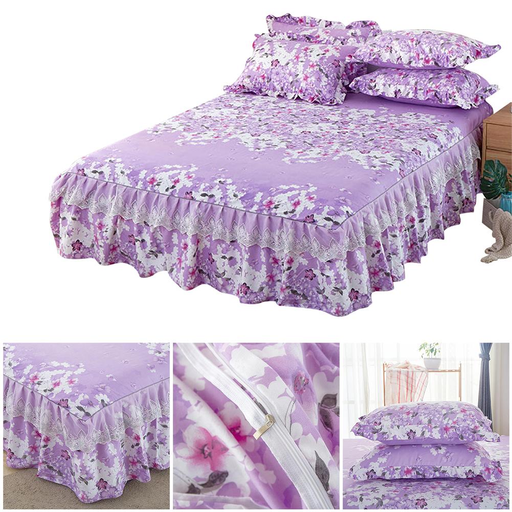 3pcs Floral Fitted Sheet Cover Bed Skirt Solid Bed Cover Sheets Cotton Quilted Lace Bedspread Lace Bed Sheet 150x200cm