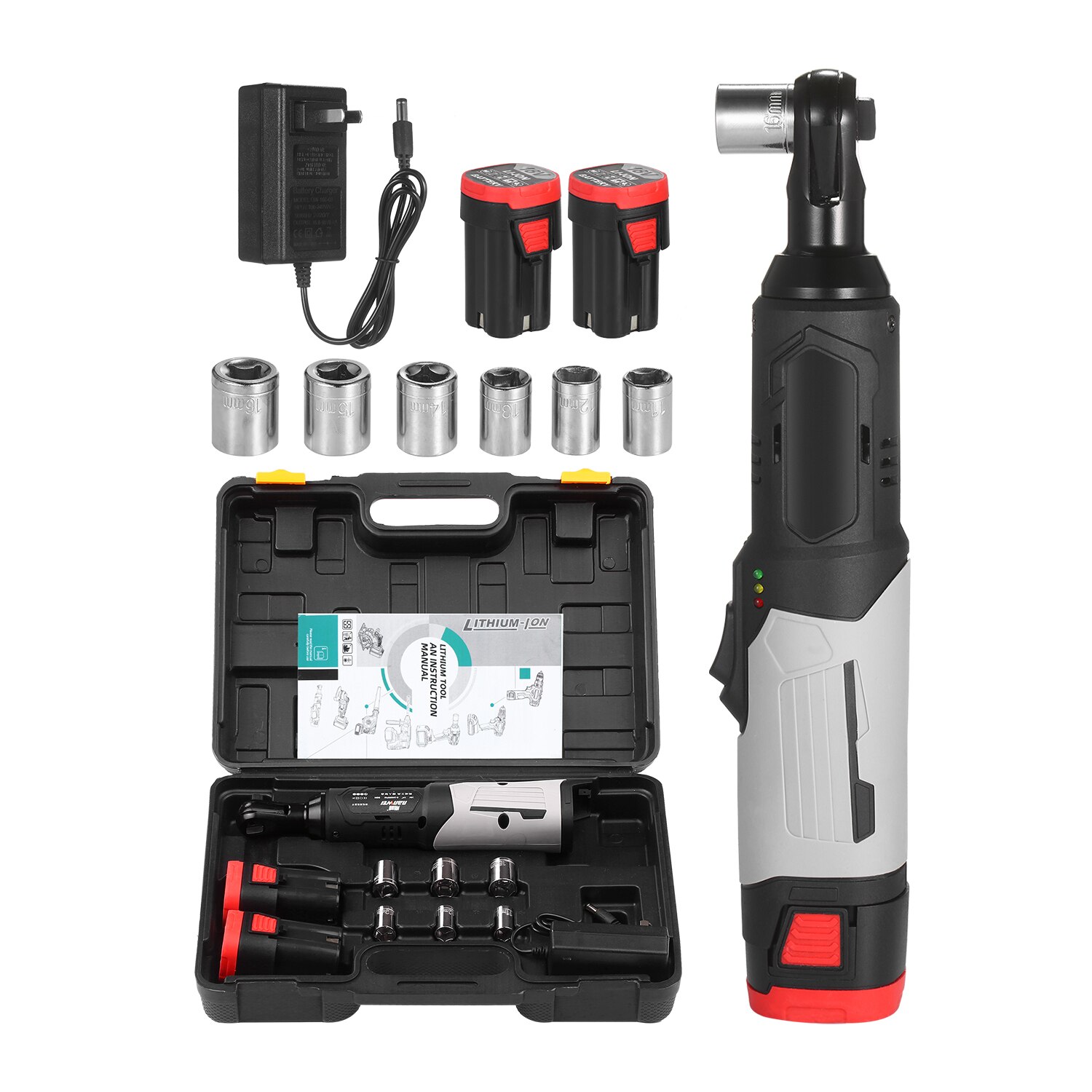 Llave de trinquete eléctrica inalámbrica de 3/8 pulgadas, 80 n.m, 240RPM, 18V, Kit de Llave de trinquete de potencia con 2 baterías de iones de litio 6,0ah