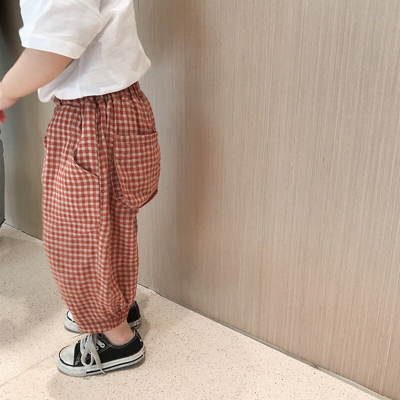 Sommer børns bukser baby anti bukser koreansk bomuld linned plaid piges harembukser