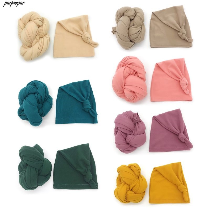 Envoltura elástica para bebé + sombrero accesorios de fotografía recién nacido Color sólido suave accesorios para sesiones fotográficas infantiles