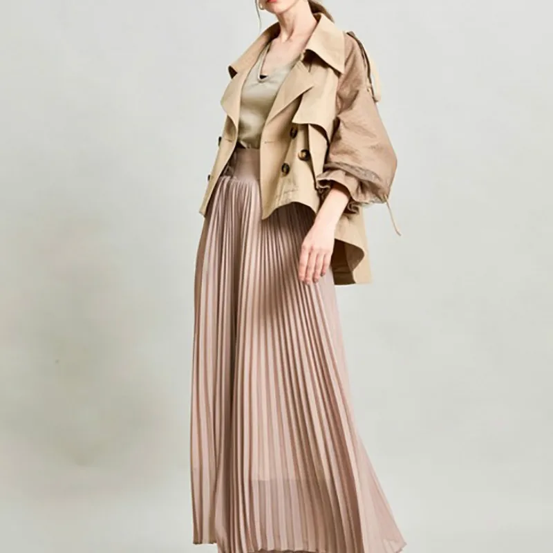 Neploe Double Breasted Mesh Patchwork Jas Vrouwen 2025, Turn-down Kraag Jas Herfst Panelen Zachte Flare Mouw Tops: Beige
