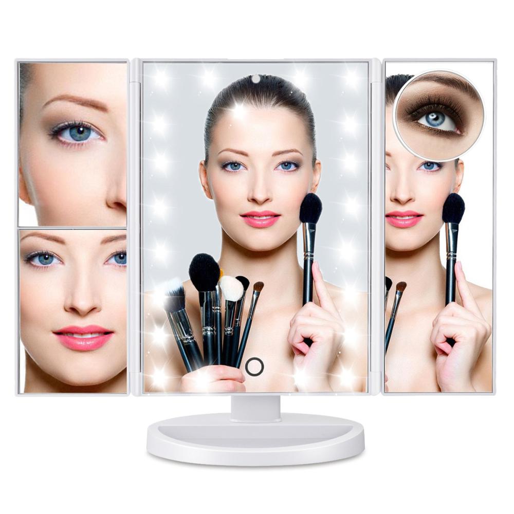Espejo de maquillaje ligero con pantalla táctil LED, espejo cosmético de alta definición con aumento de 1X/2X/3X/10X, 22 unidades